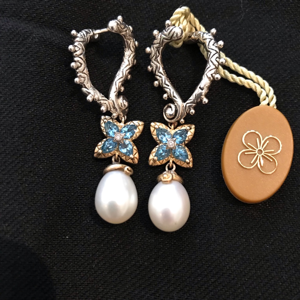 Barbara Bixby Couture Blue Topaz Pearl Earrings 699$